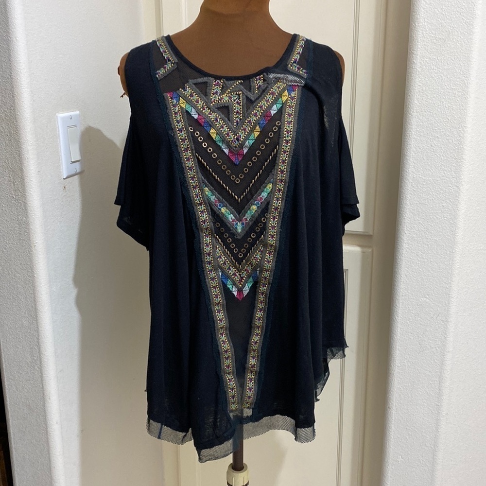 Free People Black Multicolor Embroidered Gypsy Spell Top Size Medium